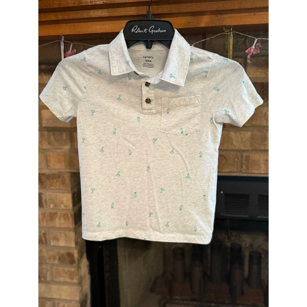 Carters Boys Gray Tropical Palm Tree Surfboard Polo Shirt Size 6 Short Sleeve